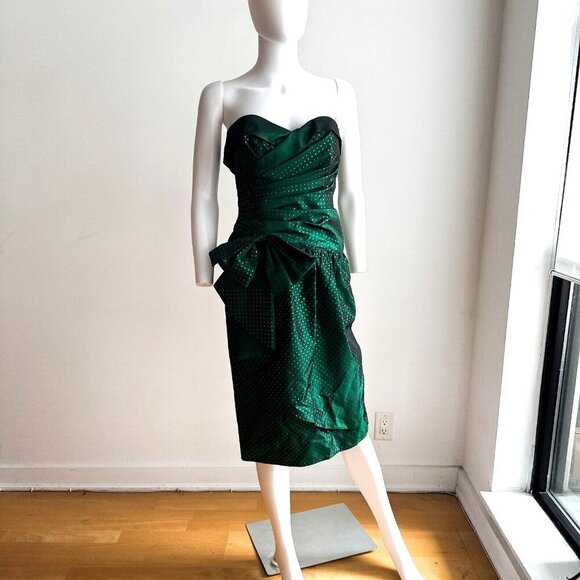 A.J Bari 80s Bow Detail Gathered Unique Green Cocktail Dress S - Picture 2 of 8